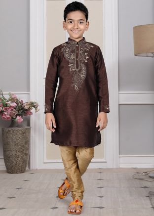 Readymade Brown Color Art Silk Kids Kurta Pajama