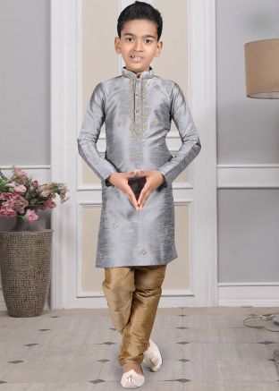 Readymade Grey Color Art Silk Kids Kurta Pajama