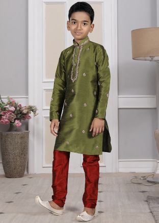 Readymade Green Color Art Silk Kids Kurta Pajama