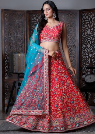 Red Embroidered Chiffon Lehenga Choli