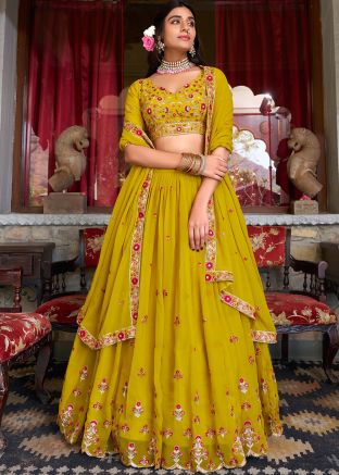 Yellow Embroidered Lehenga Choli In Satin