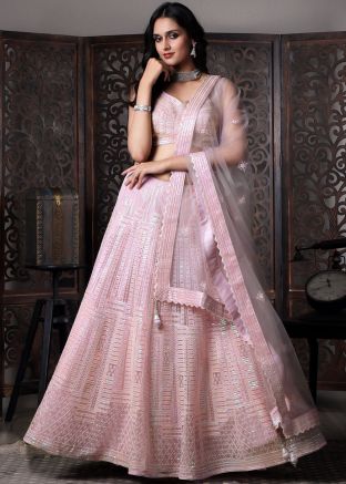 Pink Embroidered Net Lehenga Choli Set