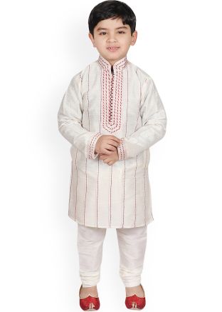 White Kids Kurta Pajama In Dupion Silk