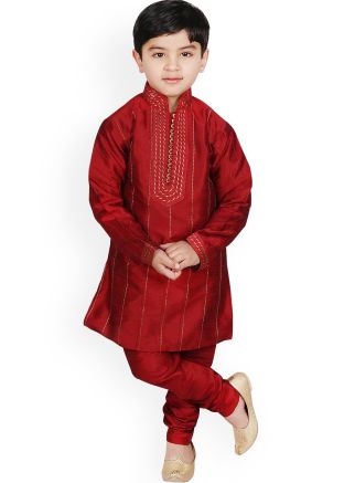 Red Embroidered Dupion Silk Kurta Pajama
