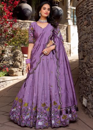 Lavender Embroidered Lehenga Choli In Art Silk