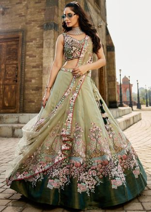 Green Embroidered Net Lehenga Choli