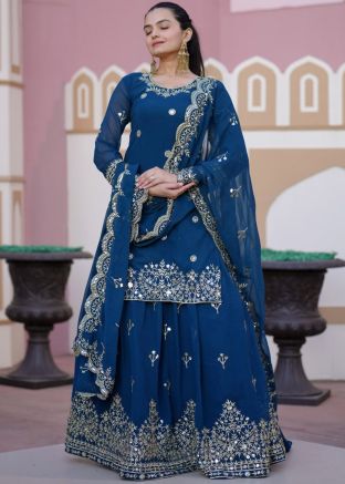 Blue Embroidered Kurti Style Lehenga In Georgette