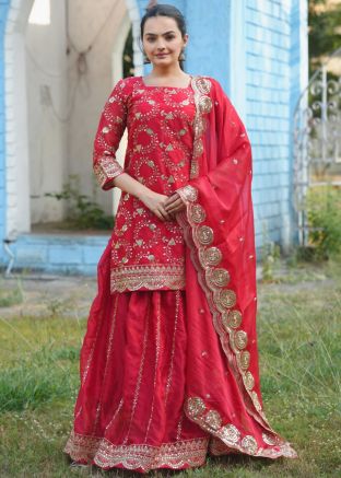 Red Embroidered Georgette Kurti Style Lehenga