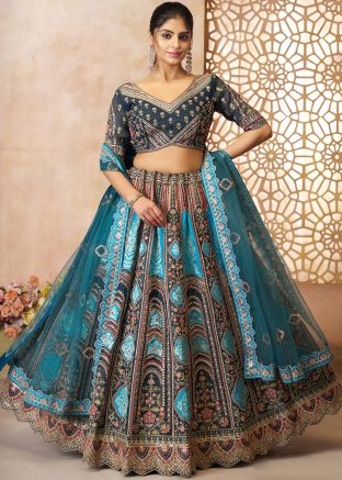Blue Embroidered Banarasi Silk Lehenga Choli