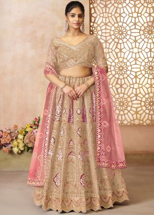 Cream Embroidered Lehenga Choli In Banarasi Silk