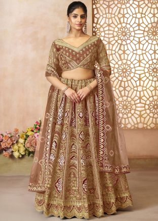 Dual Tone Maroon Embroidered Lehenga Choli