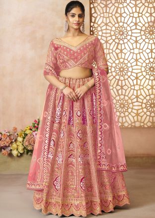 Pink Banarasi Silk Embroidered Lehenga Choli