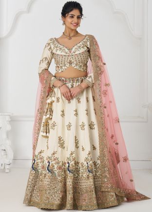 Off White Zari Embroidered Lehenga Choli In Silk