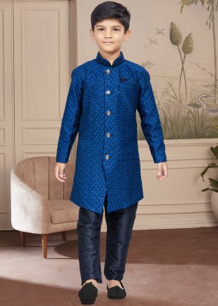 Blue Readymade Embroidered Kids Sherwani Set