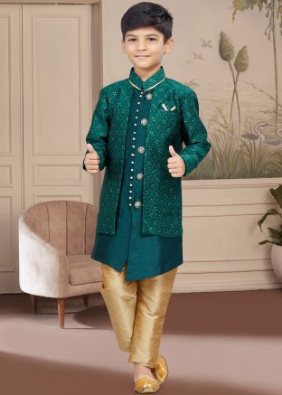 Green Readymade Kids Sherwani Set In Jacket Style