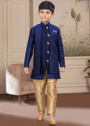 Blue Readymade Kids Sherwani Set In Jacket Style
