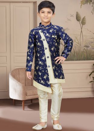 Blue Asymmetric Printed Readymade Kids Sherwani Set