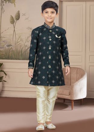 Green Readymade Kids Embroidered Sherwani Set 