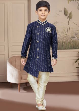 Blue Asymmetric Embroidered Readymade Kids Sherwani 