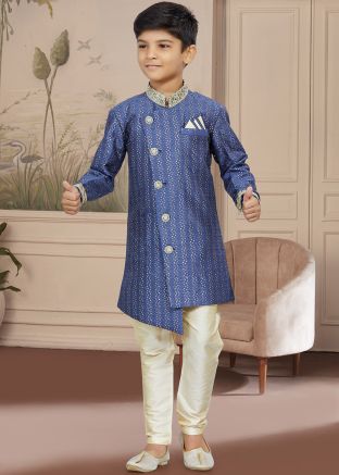 Grey Asymmetric Readymade Kids Shewrwani In Embroidery