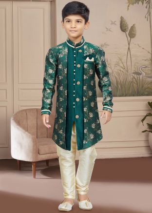 Green Readymade Kids Sherwani Set In Jacket Style