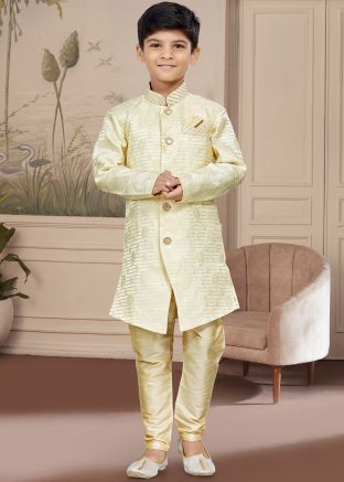 Cream Readymade Embroidered Kids Sherwani Set