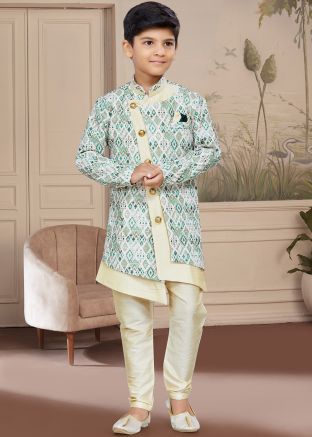 White Readymade  Asymmetric Embroidered Kids Sherwani