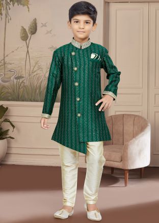 Green Asymmetric Readymade Kids Sherwani Set