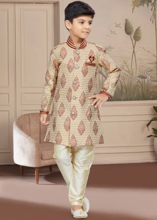 Beige Readymade Embroidered Kids Sherwani Set
