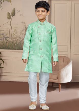 Turquoise Readymade Embroidered Kids Sherwani Set
