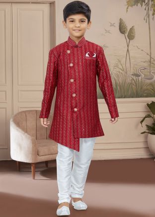 Red Asymmetric Readymade Kids Sherwani Set