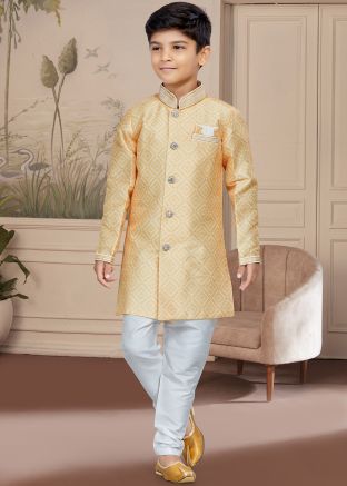 Orange Printed Readymade Kids Sherwani Set