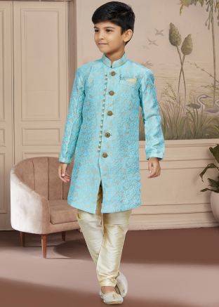 Blue Woven Readymade Kids Sherwani Set