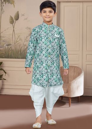Green Readymade Printed Kids Dhoti Kurta Set