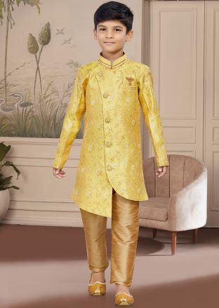 Yellow Asymmetric Readymade Kids Sherwani Set