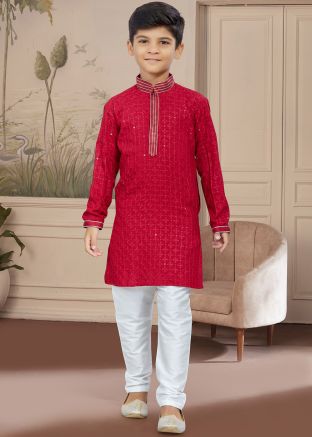 Red Chikankari Readymade Kids Kurta & Pajama 