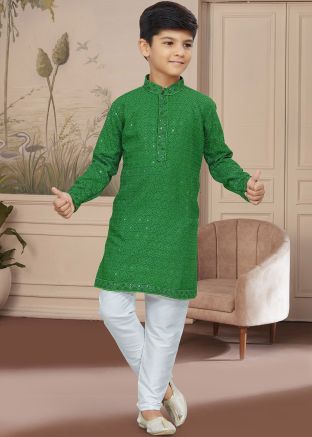 Green Readymade Chikankari Kids Kurta & Pajama