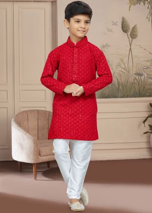 Red Chikankari Readymade Kids Kurta & Pajama 