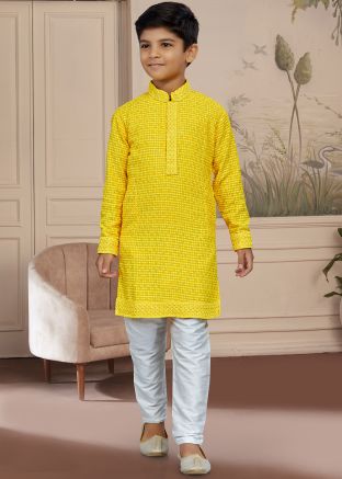 Yellow Chikankari Readymade Kids Kurta & Pajama