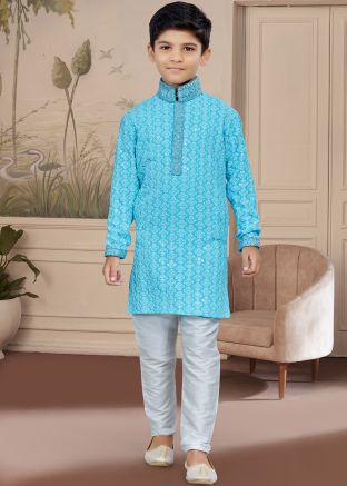 Blue Readymade Kids Kurta & Pajama In Chikankari Work