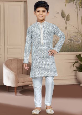 Grey Readymade Chikankari Kids Kurta & Pajama