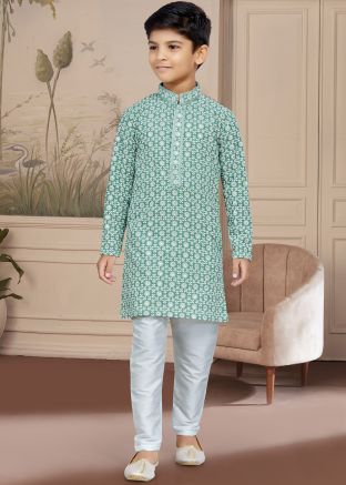 Green Readymade Chikankari Kids Kurta & Pajama