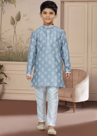Grey Readymade Kids Kurta & Pajama In Print