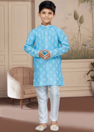 Blue Zari Readymade Printed Kids Kurta & Pajama