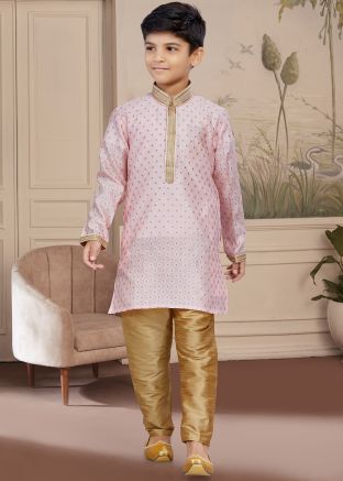 Pink Readymade Kids Kurta & Pajama In Zari Work
