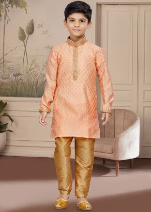 Peach Zari Readymade Kids Kurta & Pajama 