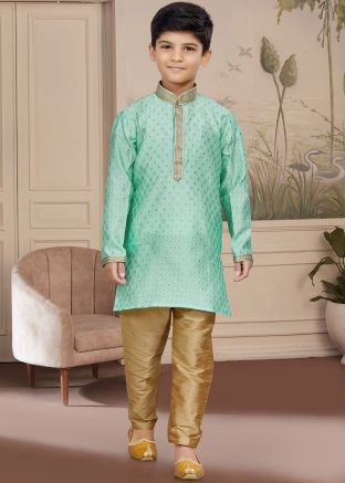 Green Readymade Kids Kurta & Pajama In Woven Work