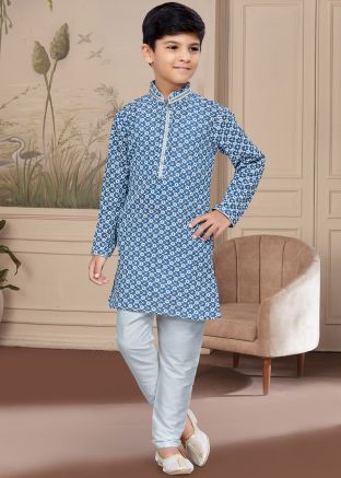 Blue Readymade Kids Kurta & Pajama In Chikankari Work