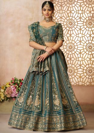 Dual Tone Blue Embroidered Lehenga Choli In Tissue