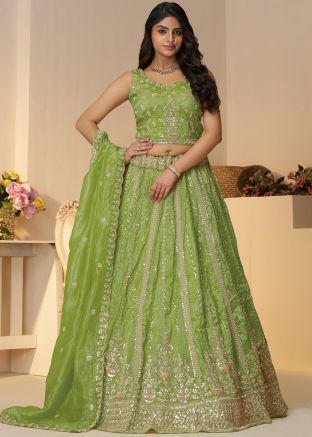 Green Embroidered Tissue Silk Lehenga Choli